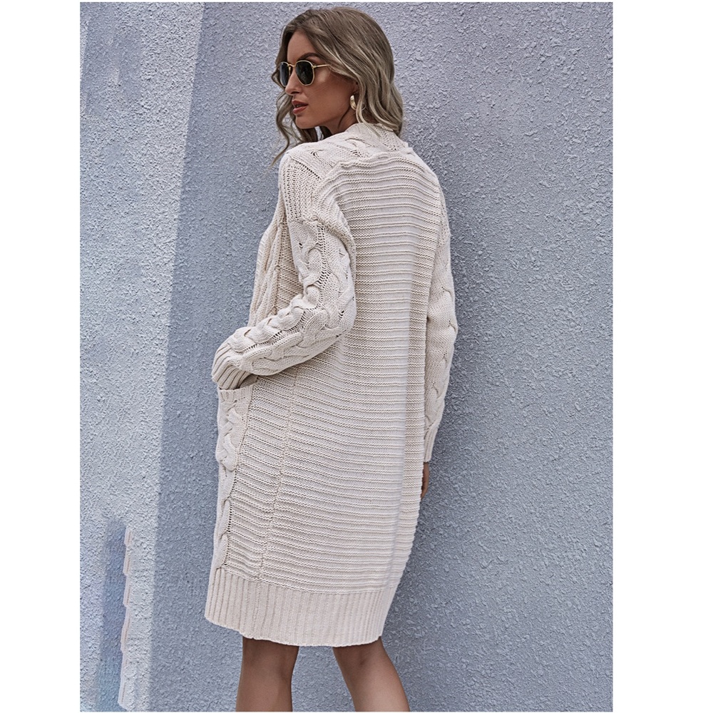Cream Cable Knit Front Pocket Long Cardigan - Picture 2 of 12